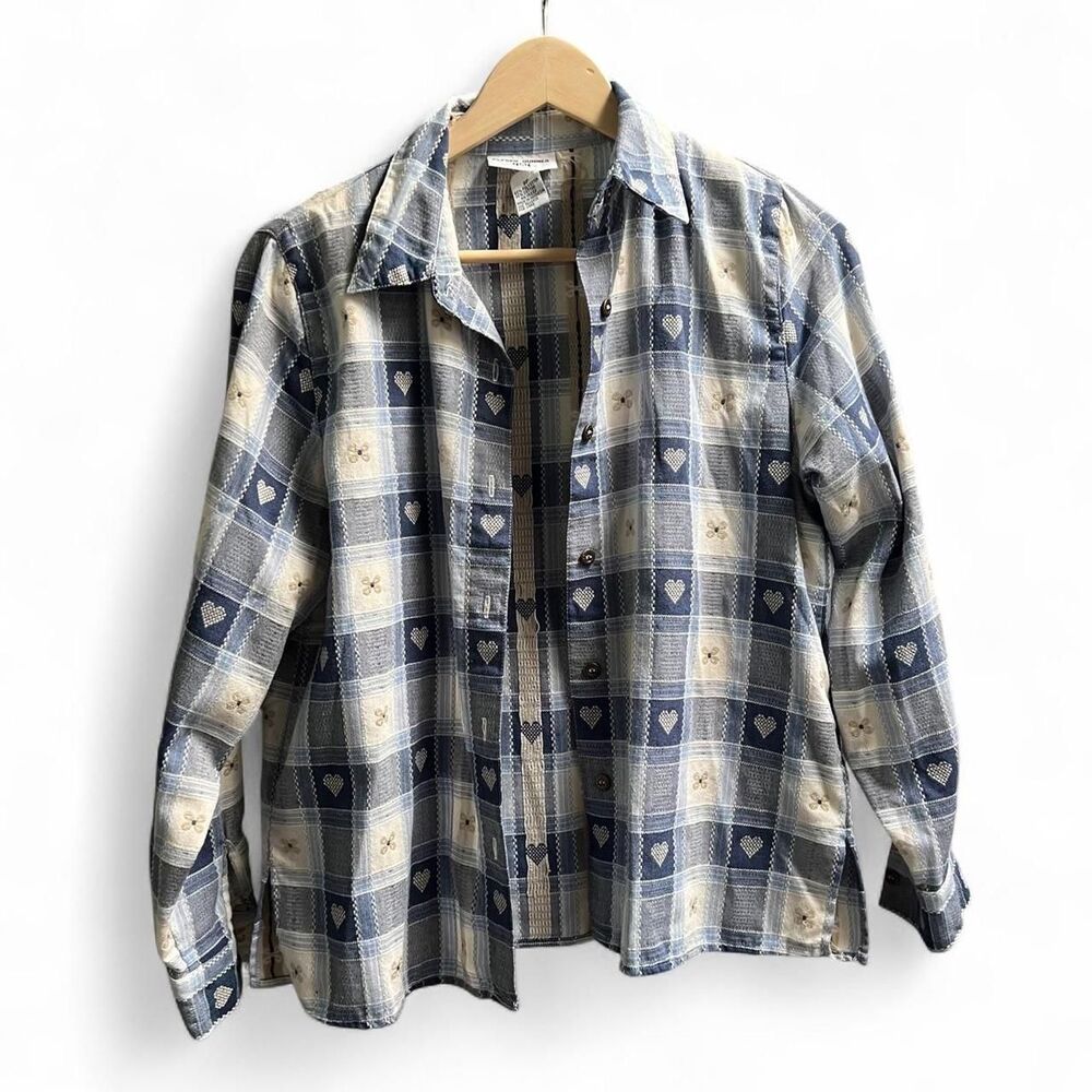 Vintage cottage core coastal grandma Alfred Dunner blue button up shirt with hea